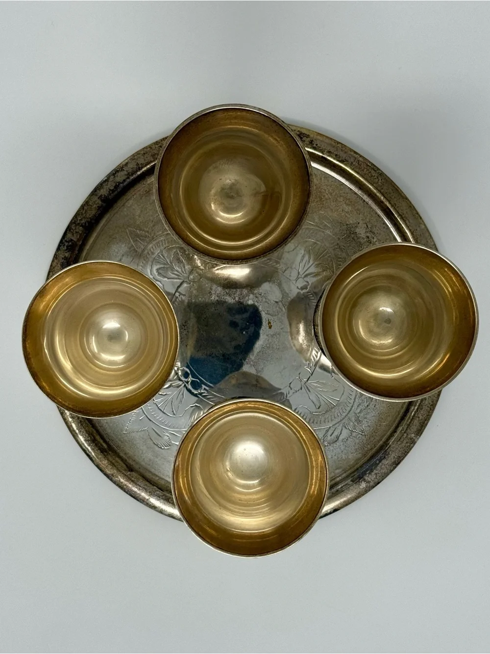 Vintage Set of 4 Silver - Plated Brass Goblets Chalices – Made in India – Patina